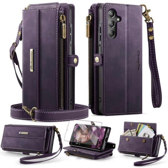 Dteck Wallet Case with Tempered Glass Screen Protector for Samsung Galaxy A16 5G,Magnetic Leather RFID Blocking Card Slots Case Stand Bag Cover with Crossbody and Wrist Strap for Women Girls,Purple