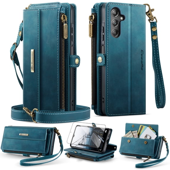 Dteck Wallet Case with Tempered Glass Screen Protector for Samsung Galaxy S25,Magnetic Leather RFID Blocking Card Slots Case Stand Bag Cover with Crossbody and Wrist Strap for Women Girls,Green