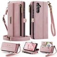 thumbnail image 1 of Dteck Wallet Case with Tempered Glass Screen Protector for Samsung Galaxy S25 Plus,Magnetic Leather RFID Blocking Card Slots Case Stand Bag Cover with Crossbody and Wrist Strap for Women Girls,Pink, 1 of 7