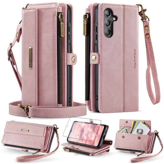 Dteck Wallet Case with Tempered Glass Screen Protector for Samsung Galaxy S25 Plus,Magnetic Leather RFID Blocking Card Slots Case Stand Bag Cover with Crossbody and Wrist Strap for Women Girls,Pink