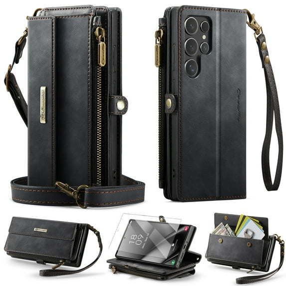 Dteck Wallet Case with Tempered Glass Screen Protector for Samsung Galaxy S25 Ultra,Magnetic Leather RFID Blocking Card Slots Case Stand Bag Cover with Crossbody and Wrist Strap for Women Girls,Black
