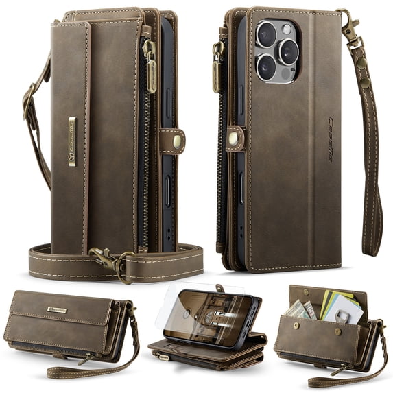 Dteck Wallet Case with Tempered Glass Screen Protector for iPhone 16 Pro,Magnetic Leather RFID Blocking Card Slots Case Stand Bag Cover with Crossbody and Wrist Strap for Women Girls,Coffee