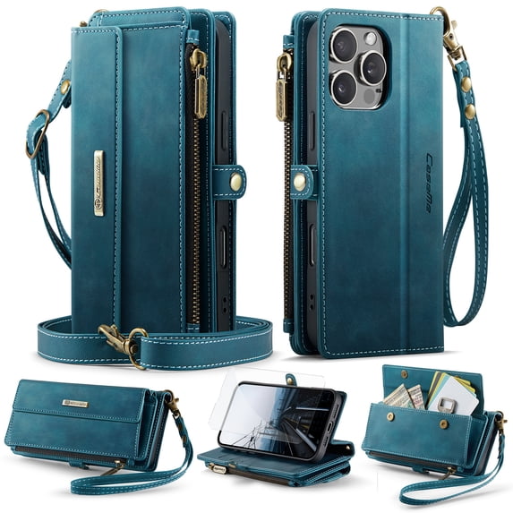 Dteck Wallet Case with Tempered Glass Screen Protector for iPhone 16 Pro,Magnetic Leather RFID Blocking Card Slots Case Stand Bag Cover with Crossbody and Wrist Strap for Women Girls,Green
