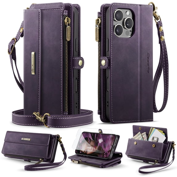 Dteck Wallet Case with Tempered Glass Screen Protector for iPhone 16 Pro,Magnetic Leather RFID Blocking Card Slots Case Stand Bag Cover with Crossbody and Wrist Strap for Women Girls,Purple