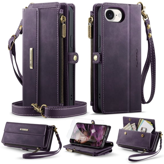 Dteck Wallet Case with Tempered Glass Screen Protector for iPhone 16e,Magnetic Leather RFID Blocking Card Slots Case Stand Bag Cover with Crossbody and Wrist Strap for Women Girls,Purple