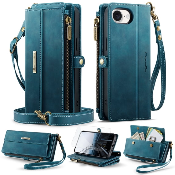 Dteck Wallet Case with Tempered Glass Screen Protector for iPhone 16e,Magnetic Leather RFID Blocking Card Slots Case Stand Bag Cover with Crossbody and Wrist Strap for Women Girls,Green