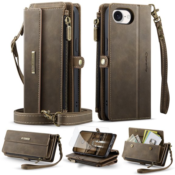 Dteck Wallet Case with Tempered Glass Screen Protector for iPhone 16e,Magnetic Leather RFID Blocking Card Slots Case Stand Bag Cover with Crossbody and Wrist Strap for Women Girls,Coffee