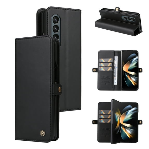 Dteck Wallet Case for Galaxy Z Fold 4 5G, Shockproof Magnetic Retro Credit Card Holder Flip Folio PU Leather Stand Protective Cover, Black