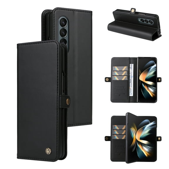 Dteck Wallet Case for Galaxy Z Fold 4 5G, Shockproof Magnetic Retro Credit Card Holder Flip Folio PU Leather Stand Protective Cover, Black