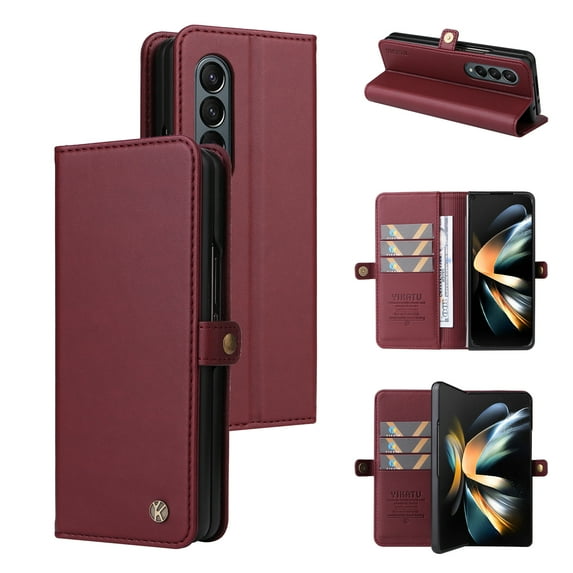 Dteck Wallet Case for Galaxy Z Fold 4 5G, Shockproof Magnetic Retro Credit Card Holder Flip Folio PU Leather Stand Protective Cover, Winered