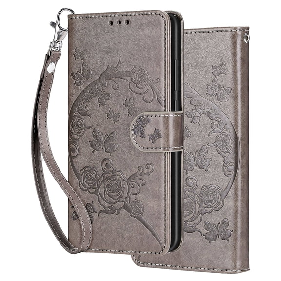 Dteck Wallet Case for Google Pixel 10A, Embossing PU Leather Flip Cover with Card Holder and Lanyard Strap,Gray Flower