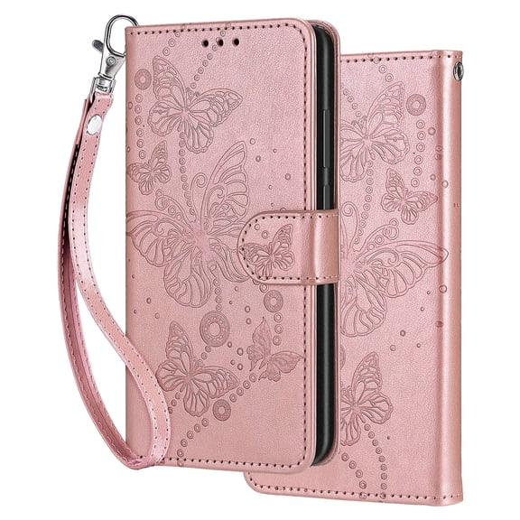 Dteck Wallet Case for Google Pixel 10A, Embossing PU Leather Flip Cover with Card Holder and Lanyard Strap,Rosegold Butterfly