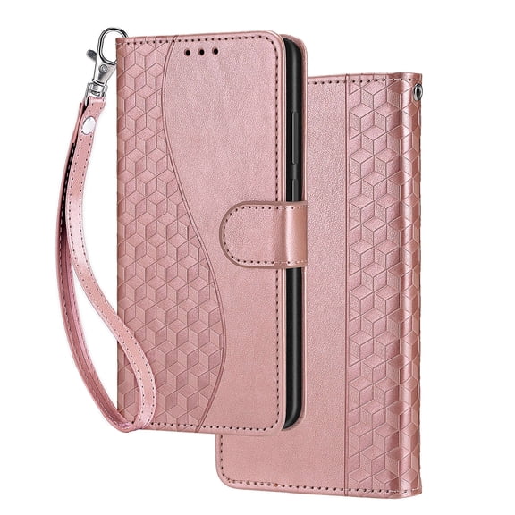 Dteck Wallet Case for Google Pixel 10A, Embossing PU Leather Flip Cover with Card Holder and Lanyard Strap,Rosegold S-Cube