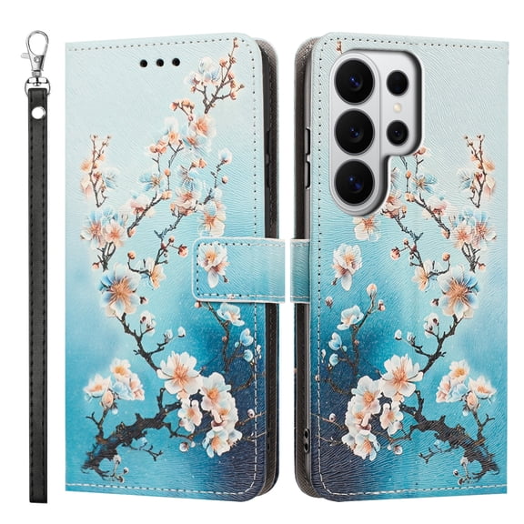 Dteck Wallet Case for Samsung Galaxy S26 Ultra, 3 Card Holders Cute Pattern Flip Stand Folio Cover Shockproof Soft TPU Shell,Plum Blossom
