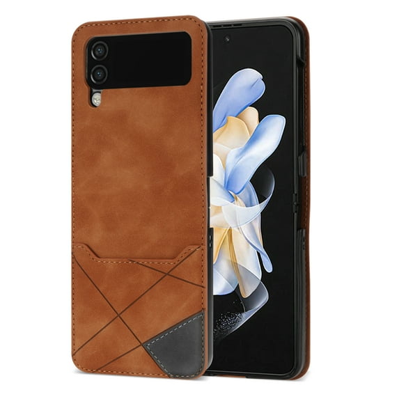 Dteck Wallet Case for Samsung Galaxy Z Flip 4,Slim Leather Card Slot Cash Pocket Case Shockproof Hard PC Back Cover,Brown