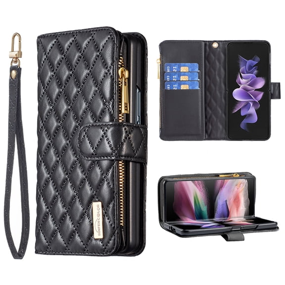 Dteck Wallet Case for Samsung Galaxy Z Fold 7 with Card Holder 9-Credit Card Slots, PU Leather Magnetic Flip Zipper Strap Phone Case for Women,Black