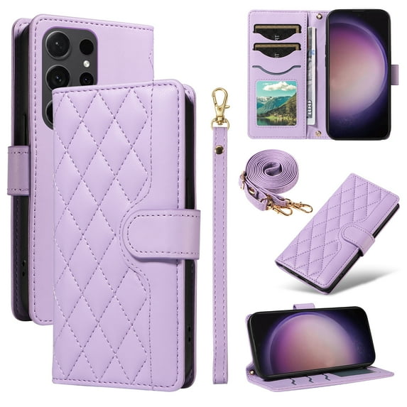 Dteck Wallet Case for Samsung S25 with Wrist Strap Shoulder Strap, Shockproof Magnetic Multiple Card Slots Purse PU Leather Stand Phone Cover, Purple