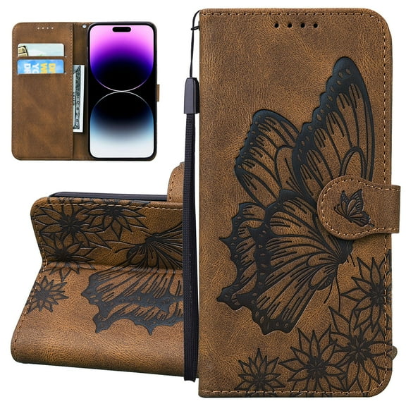 Dteck Wallet Case for iPhone 11, Women Butterfly Embossed PU Leather Stand Card Slots Wrist Strap Flip Folio Cover for Apple iPhone 11 6.1 Inch,Brown