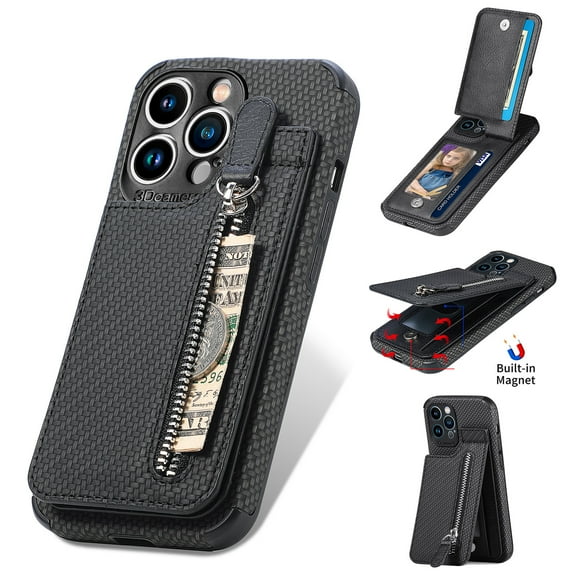 Dteck Wallet Case for iPhone 12 Pro Max 6.7",Shockproof Magnetic Card Slots Kickstand Carbon Fiber Phone Case Cover,Black