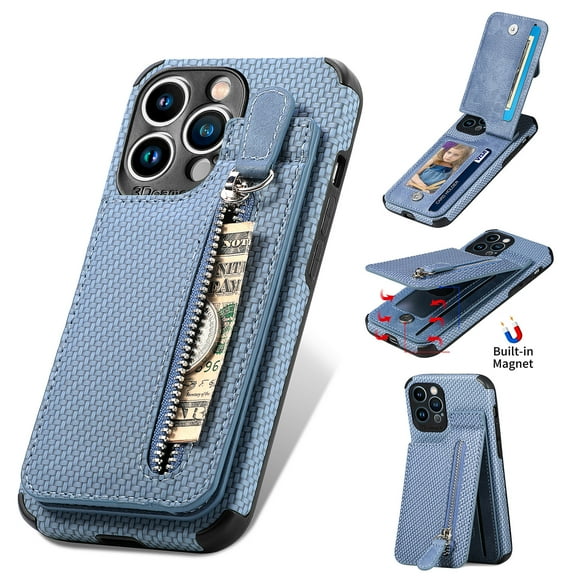 Dteck Wallet Case for iPhone 12 Pro Max 6.7",Shockproof Magnetic Card Slots Kickstand Carbon Fiber Phone Case Cover,Blue