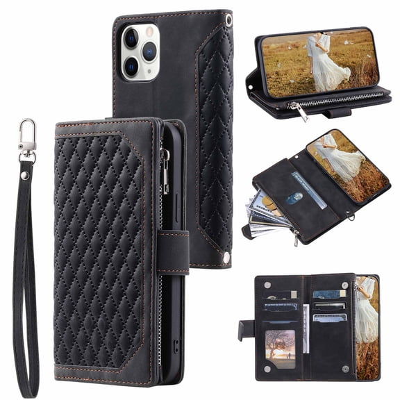 Dteck Wallet Case for iPhone 13 Pro,Credit Card Holder Case with Wrist Strap Leather Handbag Case for Women Protective Case for iPhone 13 Pro,Black