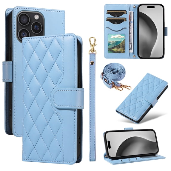 Dteck Wallet Case for iPhone 13 Pro with Wrist Strap Shoulder Strap, Shockproof Magnetic Multiple Card Slots Purse PU Leather Stand Phone Cover, Blue