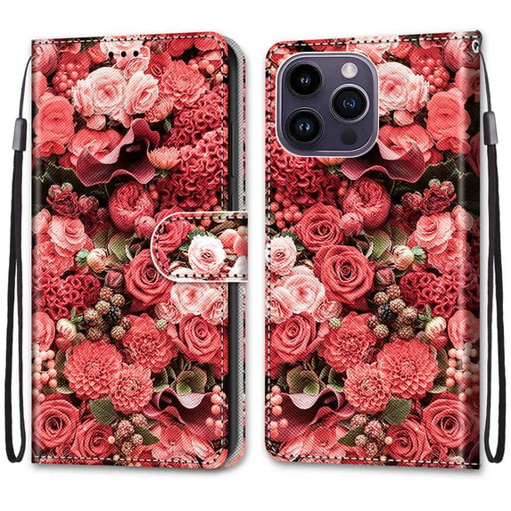 Dteck Wallet Case for iPhone 14 Pro Max, RFID Blocking Card Holder Stand Shockproof TPU Interior Case PU Leather Magnetic Protective Flip Cover, Rose