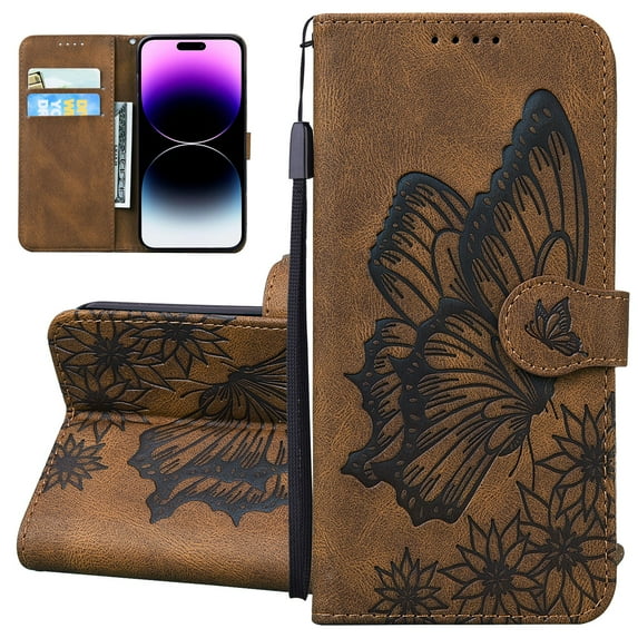 Dteck Wallet Case for iPhone 14 Pro, Women Butterfly Embossed PU Leather Stand Card Slots Wrist Strap Flip Folio Cover for iPhone 14 Pro,Brown