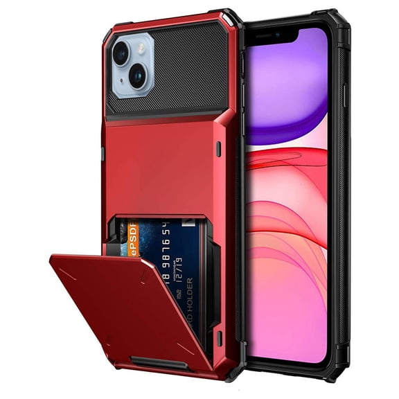 Dteck Wallet Case for iPhone 14,Shockproof Rubber Rugged 4-Card Credit Holder Slots Cover Hybrid Heavy Duty Protection Armor Phone Back Case,Red