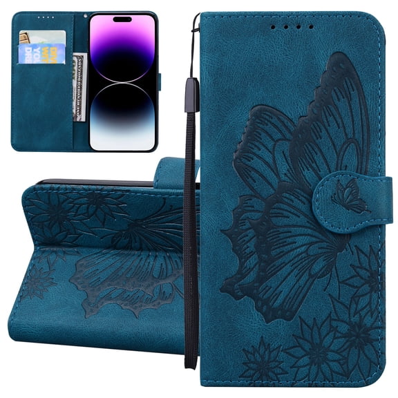 Dteck Wallet Case for iPhone 15 Plus, Women Butterfly Embossed PU Leather Stand Card Slots Wrist Strap Flip Folio Cover for iPhone 15 Plus,Blue
