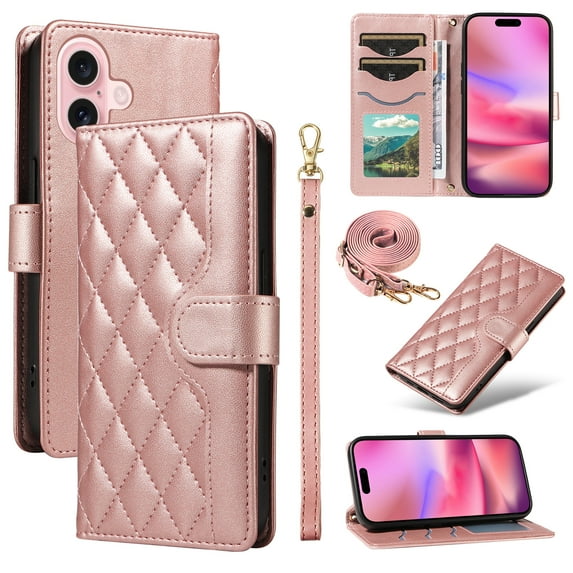 Dteck Wallet Case for iPhone 16 with Wrist Strap Shoulder Strap, Shockproof Magnetic Multiple Card Slots Purse PU Leather Stand Phone Cover, Rosegold