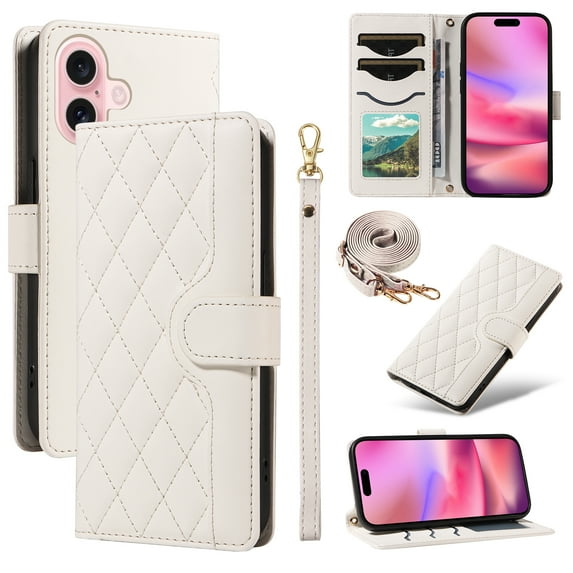 Dteck Wallet Case for iPhone 16 with Wrist Strap Shoulder Strap, Shockproof Magnetic Multiple Card Slots Purse PU Leather Stand Phone Cover, White