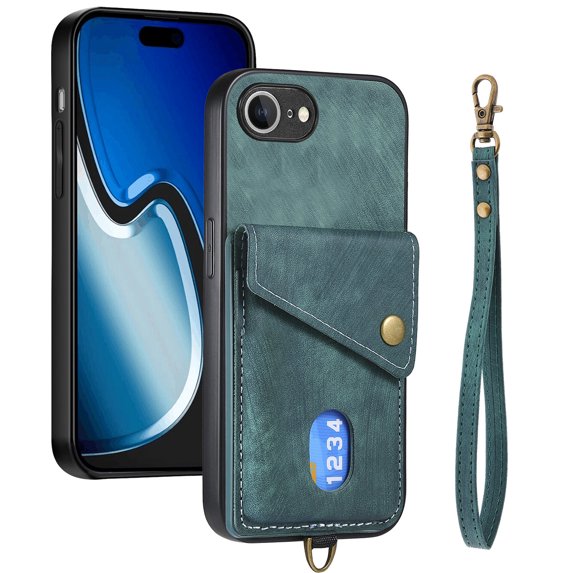 Dteck Wallet Case for iPhone 16E, Shockproof with Wrist Strap and Card Slot Shell Premium PU Leather Magnetic Anti Scratch Cover, Green
