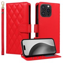 Dteck Wallet Case for iPhone 16e with Wrist Strap Shoulder Strap, Shockproof Magnetic Multiple Card Slots Purse PU Leather Stand Phone Cover, Red