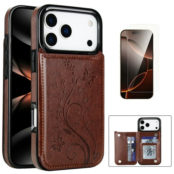 Dteck Wallet Case for iPhone 17 Pro with Card Holder, Flower Back Flip Protective Phone Cover with HD Screen Protector for iPhone 17 Pro,Brown