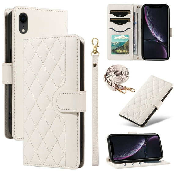 Dteck Wallet Case for iPhone XR with Wrist Strap Shoulder Strap, Shockproof Magnetic Multiple Card Slots Purse PU Leather Stand Phone Cover, White