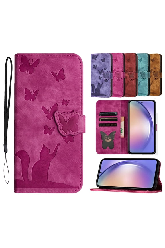 Wallet Case for iPhone XS Max, Embossed Butterfly Cute Cat Soft PU Leather Folio Flip Shockproof Protective Credit Card Slots Holder Cover,Rose