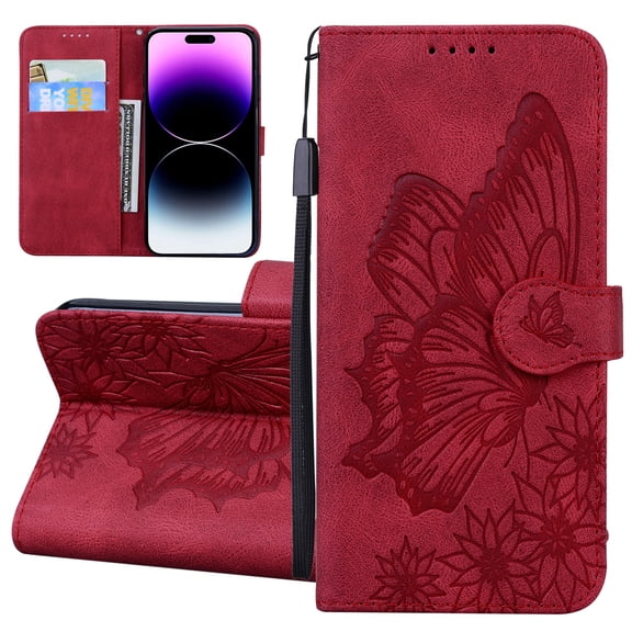 Dteck Wallet Case for iPhone XS Max, Women Butterfly Embossed PU Leather Stand Card Slots Wrist Strap Flip Folio Cover for iPhone XS Max,Red