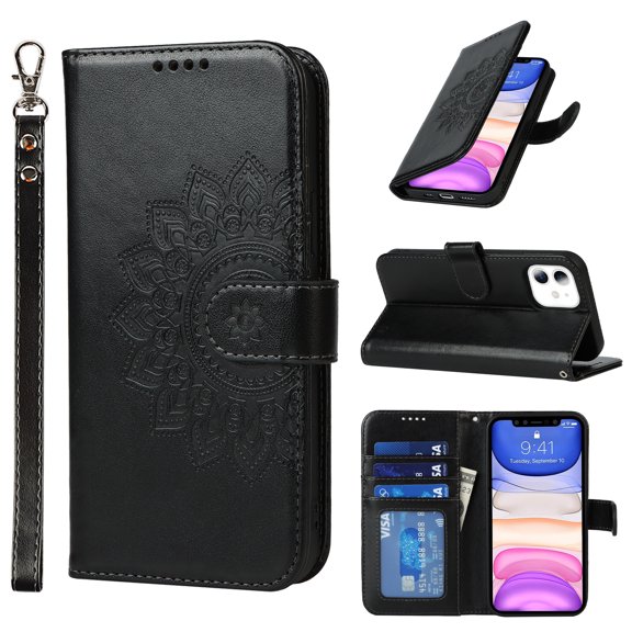 Dteck Wallet Case for iPhone 11 6.1", Shockproof Magnetic Flip Kickstand Embossed Pattern PU Leather Card Slots Protective Cover with Hand Strap For iPhone 11,Black