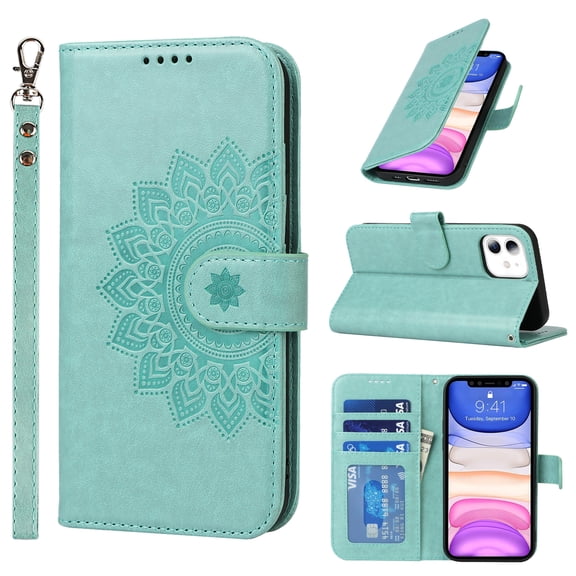 Dteck Wallet Case for iPhone 11 6.1", Shockproof Magnetic Flip Kickstand Embossed Pattern PU Leather Card Slots Protective Cover with Hand Strap For iPhone 11,Green