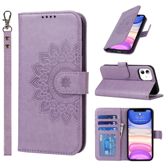 Dteck Wallet Case for iPhone 11 6.1", Shockproof Magnetic Flip Kickstand Embossed Pattern PU Leather Card Slots Protective Cover with Hand Strap For iPhone 11,Purple