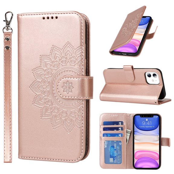Dteck Wallet Case for iPhone 11 6.1", Shockproof Magnetic Flip Kickstand Embossed Pattern PU Leather Card Slots Protective Cover with Hand Strap For iPhone 11,Rosegold