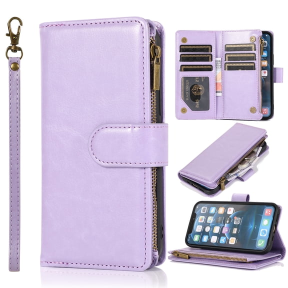 Dteck Wallet Case for iPhone 11 Pro, Premium PU Leather Zipper Flip 9 Card Slots Wallet with Wrist Strap Magnetic Closure Built-in Kickstand Protective Case,Lavender