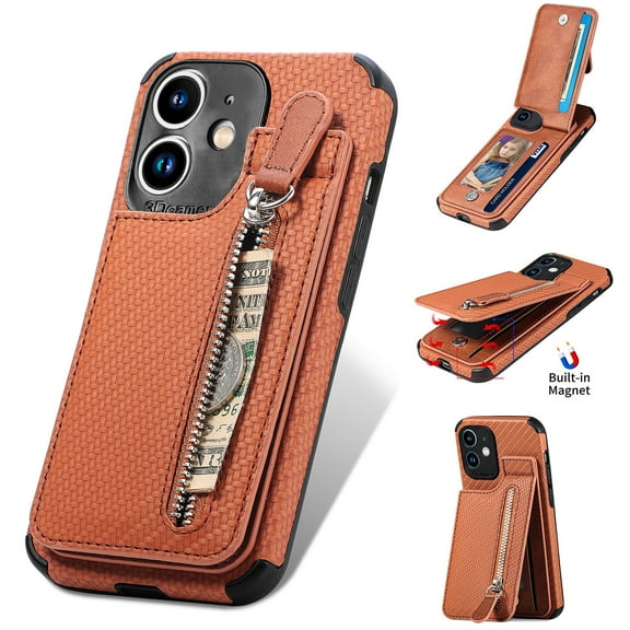 Dteck Wallet Case for iPhone 11 Zipper Wallet Case with Credit Card Holder Slot Zipper Handbag Purse Protective Leather Case for Apple iPhone 11 6.1",Brown