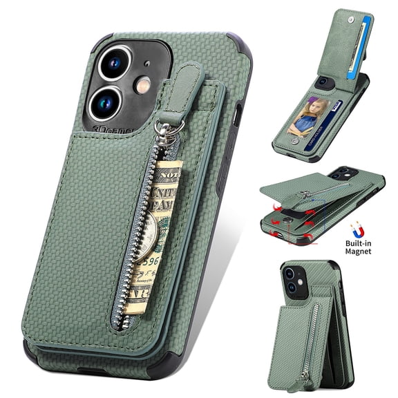 Dteck Wallet Case for iPhone 11 Zipper Wallet Case with Credit Card Holder Slot Zipper Handbag Purse Protective Leather Case for Apple iPhone 11 6.1",Green