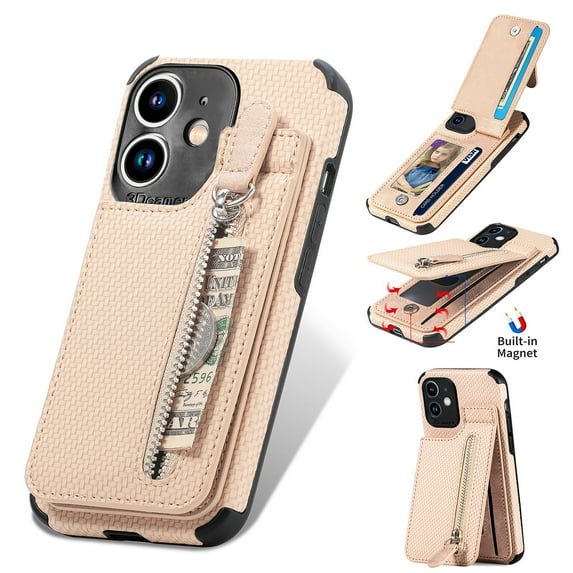 Dteck Wallet Case for iPhone 11 Zipper Wallet Case with Credit Card Holder Slot Zipper Handbag Purse Protective Leather Case for Apple iPhone 11 6.1",Khaki
