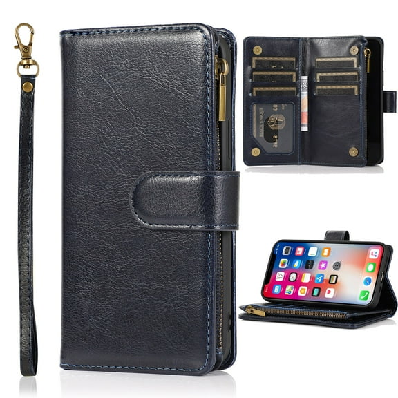 Dteck Wallet Case for iPhone 12 Pro / 12 6.1", Premium PU Leather Zipper Flip 9 Card Slots Wallet with Wrist Strap Magnetic Closure Built-in Kickstand Protective Case,Blue