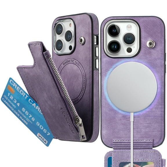 Dteck Wallet Case for iPhone 12 Pro Max Compatible with MagSafe Zipper Pocket Wallet PU Leather Flip Case with Credit Card Slots Holder Wireless Charging,Purple