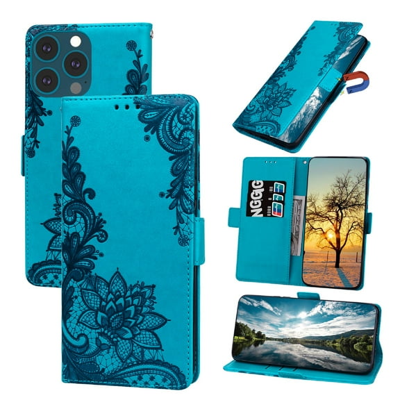Dteck Wallet Case for iPhone 12 Pro Max Embossed Lace Flower Pattern PU Leather Case with Card Slots Magnetic Button Shockproof Kickstand Protective Case for iPhone 12 Pro Max,Blue