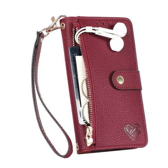 Dteck Wallet Case for iPhone 12 Pro Max, RFID Blocking 7 Card Slots Magnetic Zipper Purse with Wristlet Strap Stand PU Leather Shockproof TPU Shell Compatible with iPhone 12 Pro Max,Red